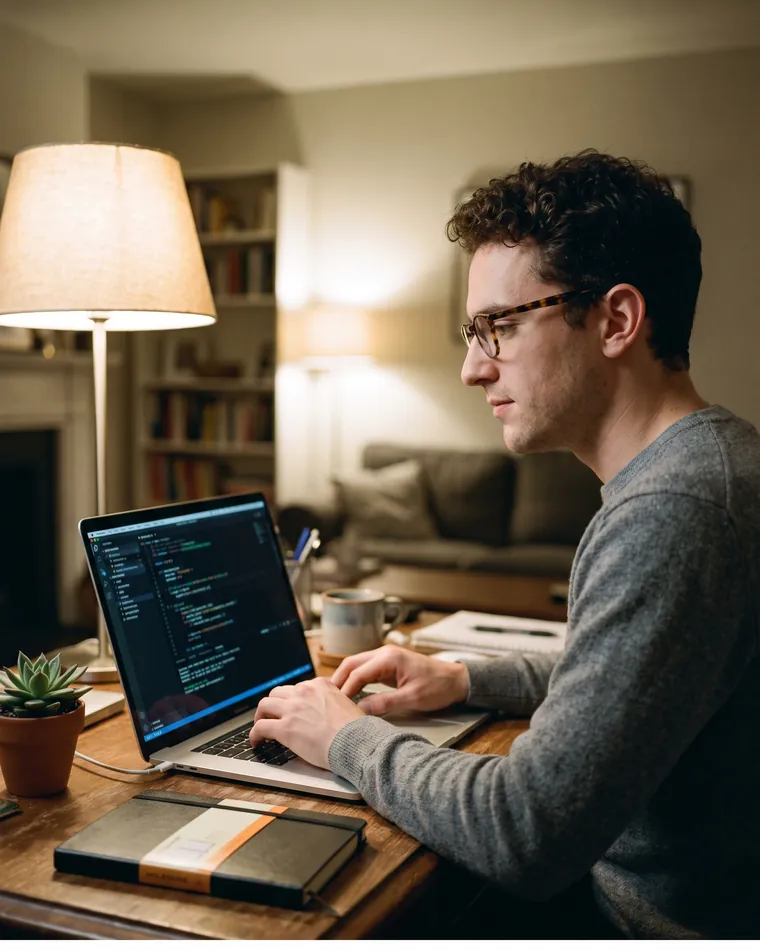Aluno escrevendo código em Python no notebook, à noite, em casa