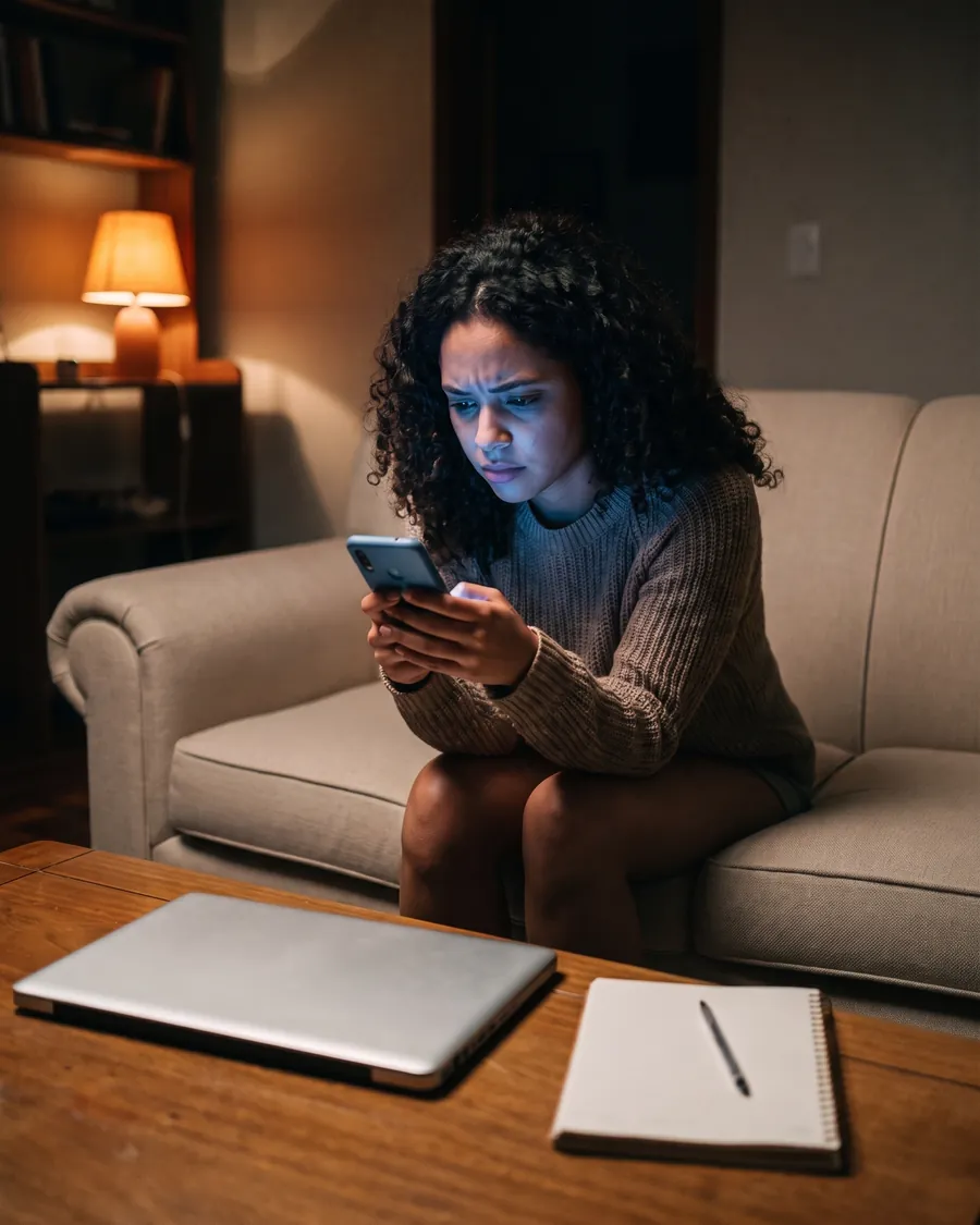 Jovem sentada no sofá à noite olhando o celular, com o notebook fechado na mesa